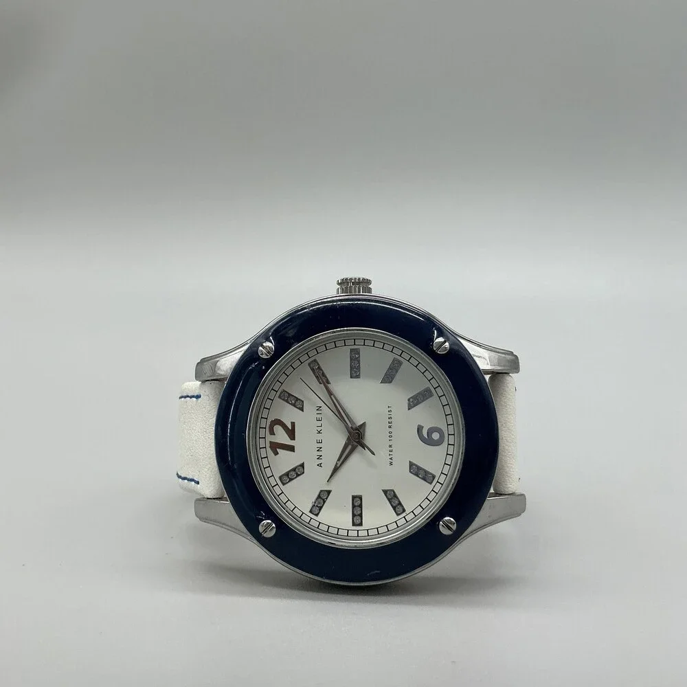 Anne Klein W5126 Womens Watch White Dial Blue Bezel White Leather New Battery